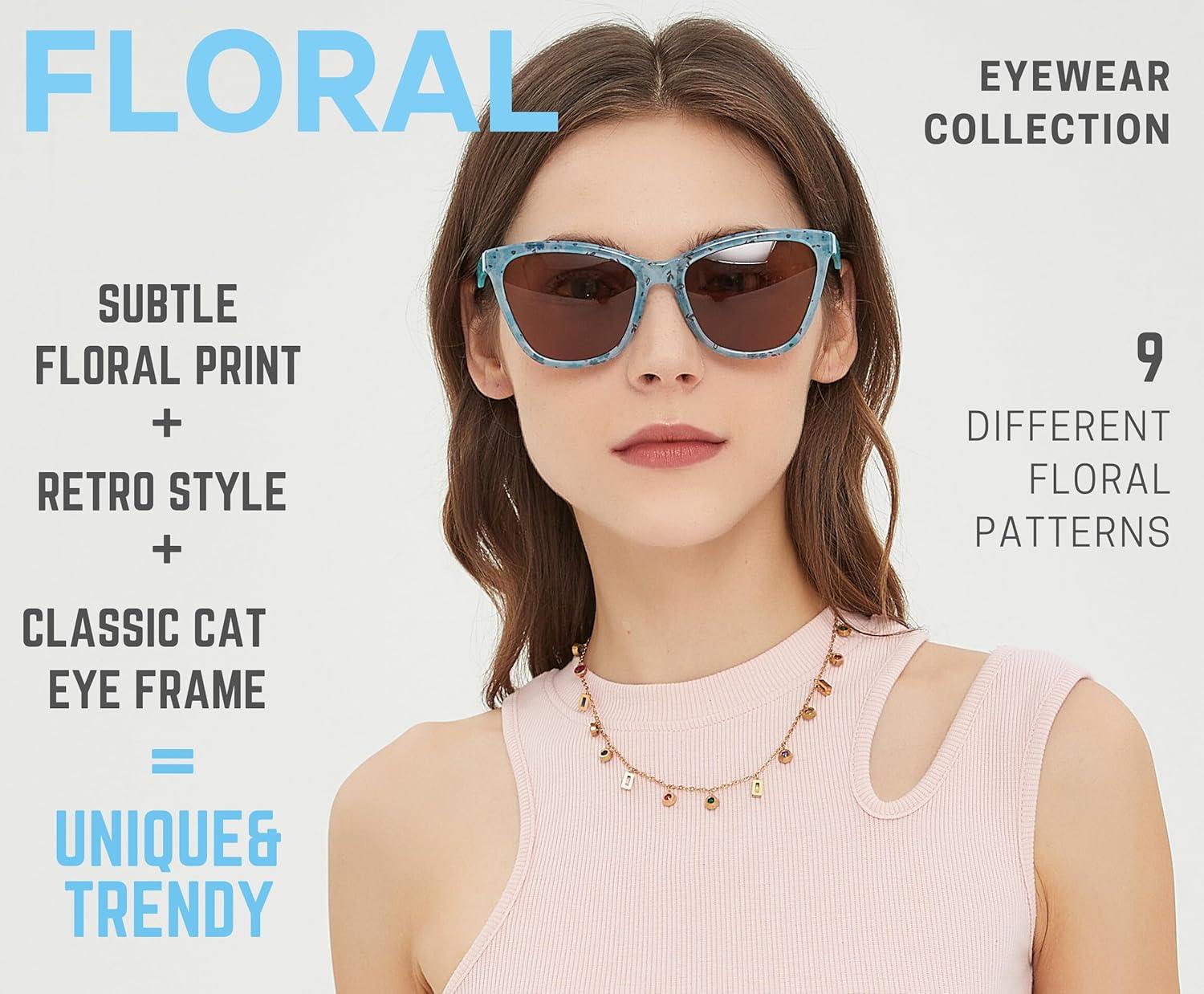 imageSunglasses Womens Trendy Retro Floral Design Polarized Lens UV Protection Square Cat Eye Frame Casual amp Active Wear09 Classic Cat Eye Blue Legs Daisy Floral Print
