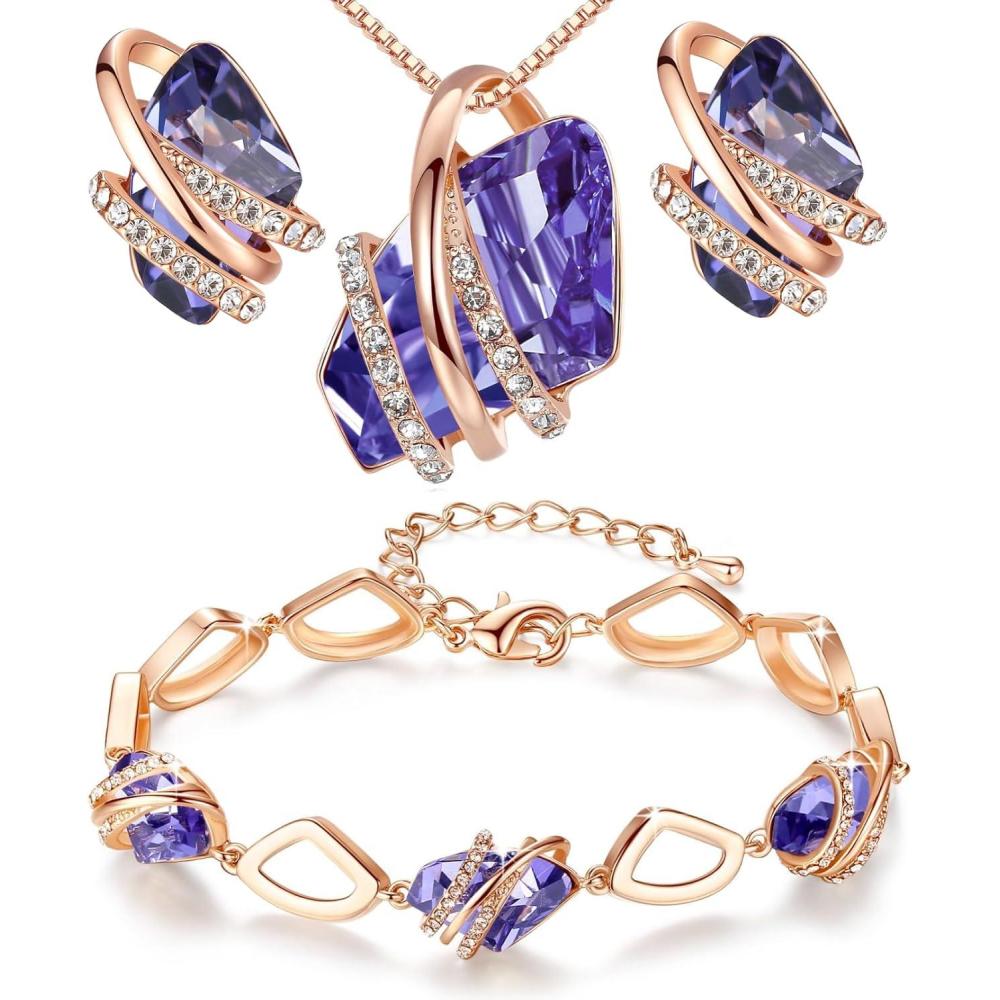 imageLeafael Wish Stone Necklace Stud Earrings and Bracelet Jewelry Set for Women February Birthstone Tanzanite Purple Crystal Jewelry Silver Tone Gifts for Women