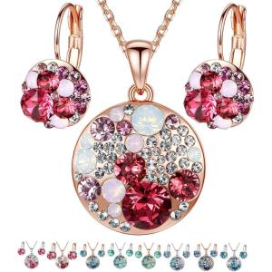 Leafael Ocean Bubble Women’s Crystal Jewelry Set Costume Fashion Pendant Necklace Earring, Silver Tone or 18K Rose Gold Plated, 18″ + 2″, Birthday Gifts for Women(Pink Red Crystals/Rose Gold Plated Chain)