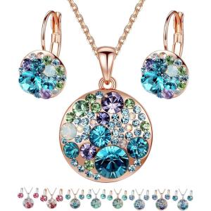 Leafael Ocean Bubble Women’s Crystal Jewelry Set Costume Fashion Pendant Necklace Earring, Silver Tone or 18K Rose Gold Plated, 18″ + 2″, Birthday Gifts for Women(Blue Green Crystals/Rose Gold Plated Chain)