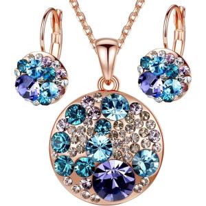 Leafael Ocean Bubble Women’s Crystal Jewelry Set Costume Fashion Pendant Necklace Earring, Silver Tone or 18K Rose Gold Plated, 18″ + 2″, Birthday Gifts for Women(Blue Purple Crystals/Rose Gold Plated Chain)