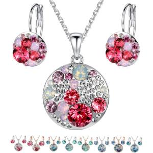 Leafael Ocean Bubble Women’s Crystal Jewelry Set Costume Fashion Pendant Necklace Earring, Silver Tone or 18K Rose Gold Plated, 18″ + 2″, Birthday Gifts for Women(Pink Red Crystals/Silver-tone Chain)