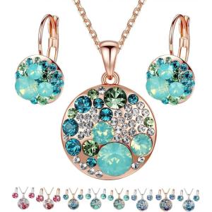 Leafael Ocean Bubble Women’s Crystal Jewelry Set Costume Fashion Pendant Necklace Earring, Silver Tone or 18K Rose Gold Plated, 18″ + 2″, Birthday Gifts for Women(Green Crystals/Rose Gold Plated Chain)