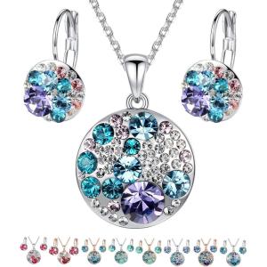Leafael Ocean Bubble Women’s Crystal Jewelry Set Costume Fashion Pendant Necklace Earring, Silver Tone or 18K Rose Gold Plated, 18″ + 2″, Birthday Gifts for Women(Blue Purple Crystals/Silver-tone Chain)
