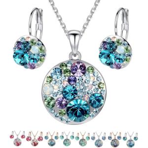 Leafael Ocean Bubble Women’s Crystal Jewelry Set Costume Fashion Pendant Necklace Earring, Silver Tone or 18K Rose Gold Plated, 18″ + 2″, Birthday Gifts for Women(Blue Green Crystals/Silver-tone Chain)