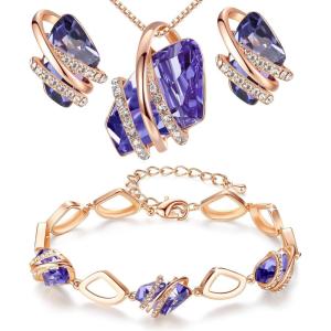 Leafael Wish Stone Necklace, Stud Earrings, and Bracelet Jewelry Set for Women, February Birthstone Tanzanite Purple Crystal Jewelry, Silver Tone Gifts for Women