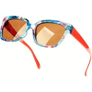 Sunglasses Women’s Trendy Retro Floral Design | Polarized Lens UV Protection | Square Cat Eye Frame | Casual & Active Wear(02 Square Cat Eye + Red Legs + Rose Flower Print)