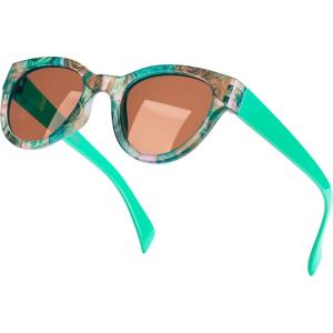Sunglasses Women’s Trendy Retro Floral Design | Polarized Lens UV Protection | Square Cat Eye Frame | Casual & Active Wear(03 Round Cat Eye + Green Legs + Modern Art Floral Print)