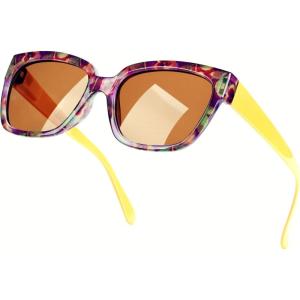 Sunglasses Women’s Trendy Retro Floral Design | Polarized Lens UV Protection | Square Cat Eye Frame | Casual & Active Wear(05 Square Cat Eye + Orange Legs + Purple Floral Print)