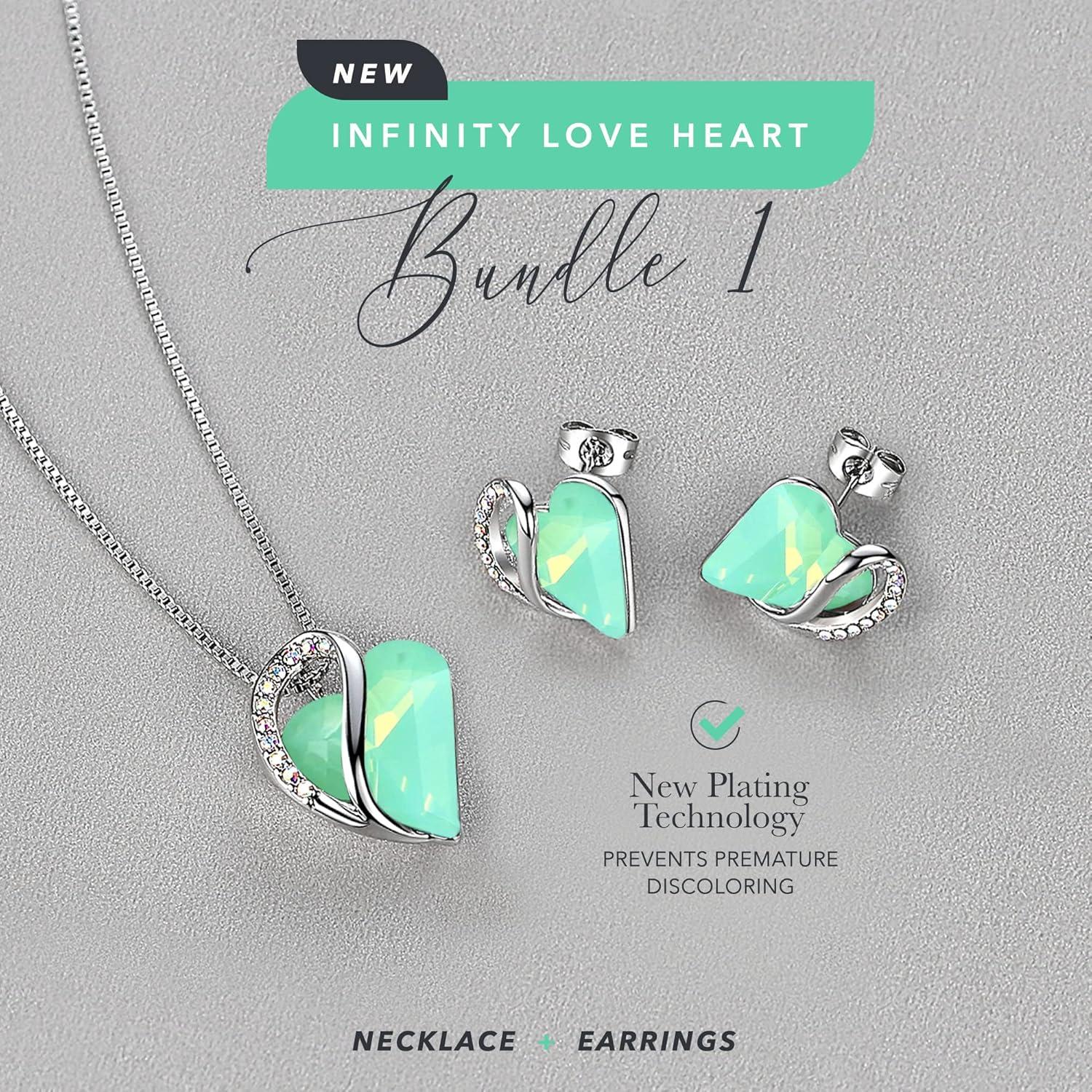 imageLeafael Infinity Love Heart Necklace and Stud Earrings for Women Healing Stone for Luck Crystal Jewelry Silver Tone Bundle Gifts for Women Opal Green