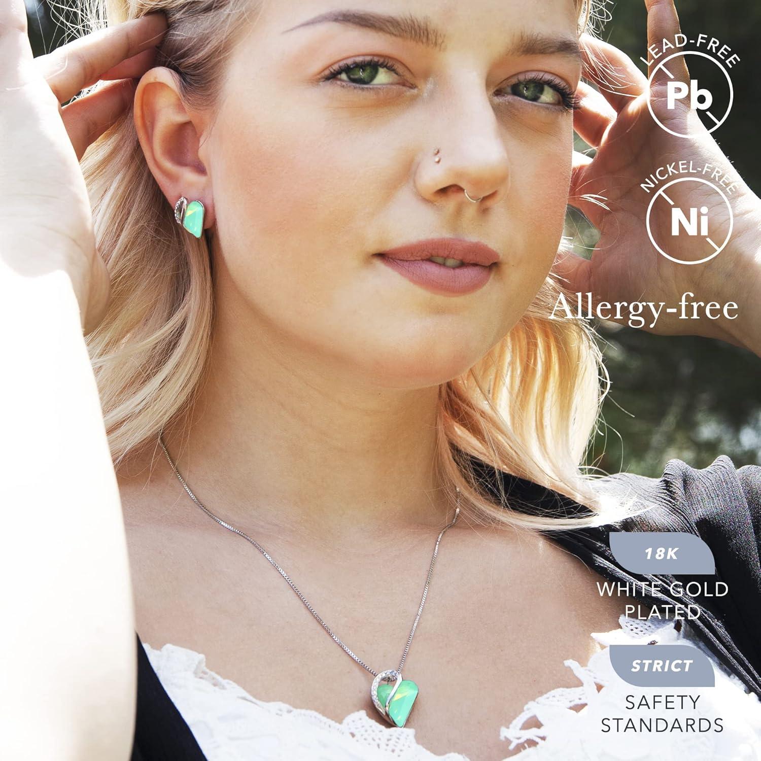 imageLeafael Infinity Love Heart Necklace and Stud Earrings for Women Healing Stone for Luck Crystal Jewelry Silver Tone Bundle Gifts for Women Opal Green