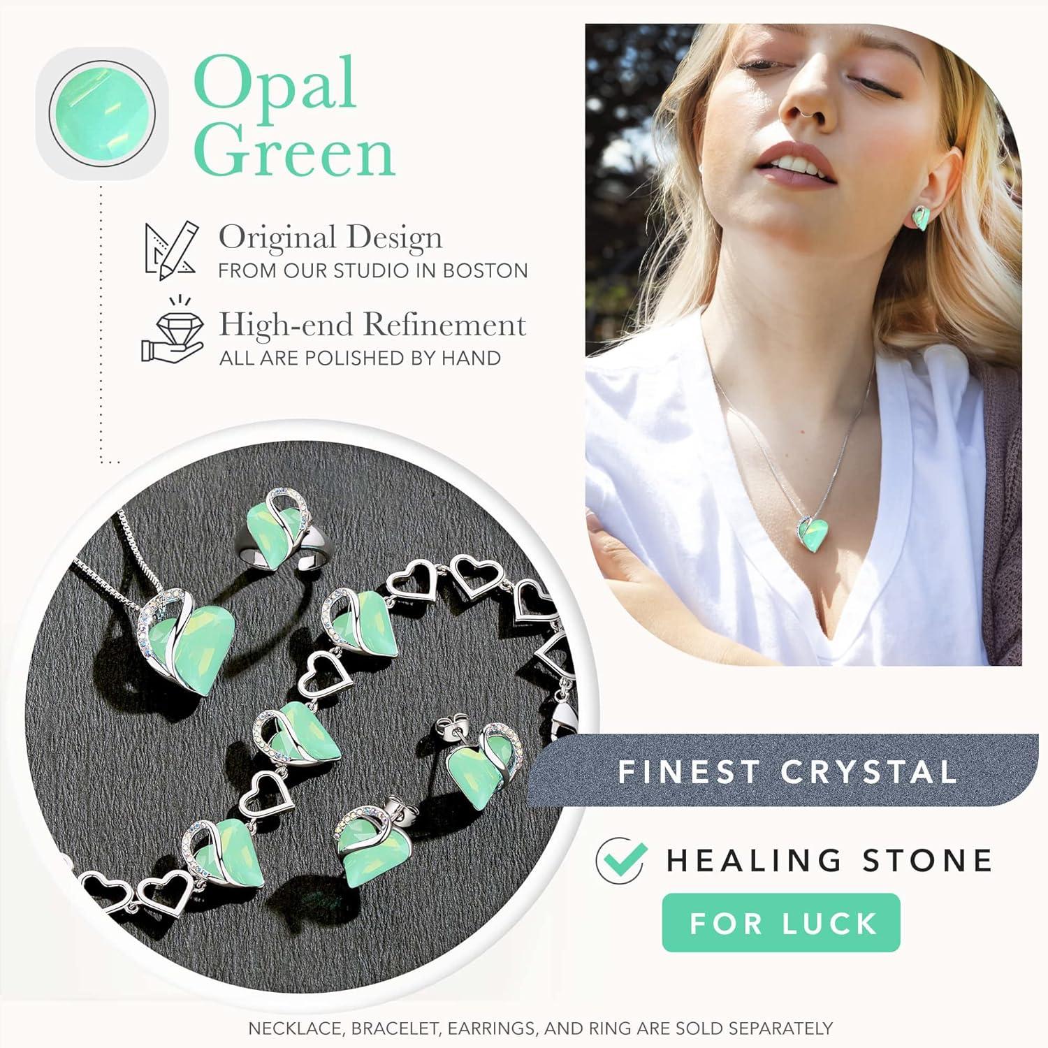 imageLeafael Infinity Love Heart Necklace and Stud Earrings for Women Healing Stone for Luck Crystal Jewelry Silver Tone Bundle Gifts for Women Opal Green