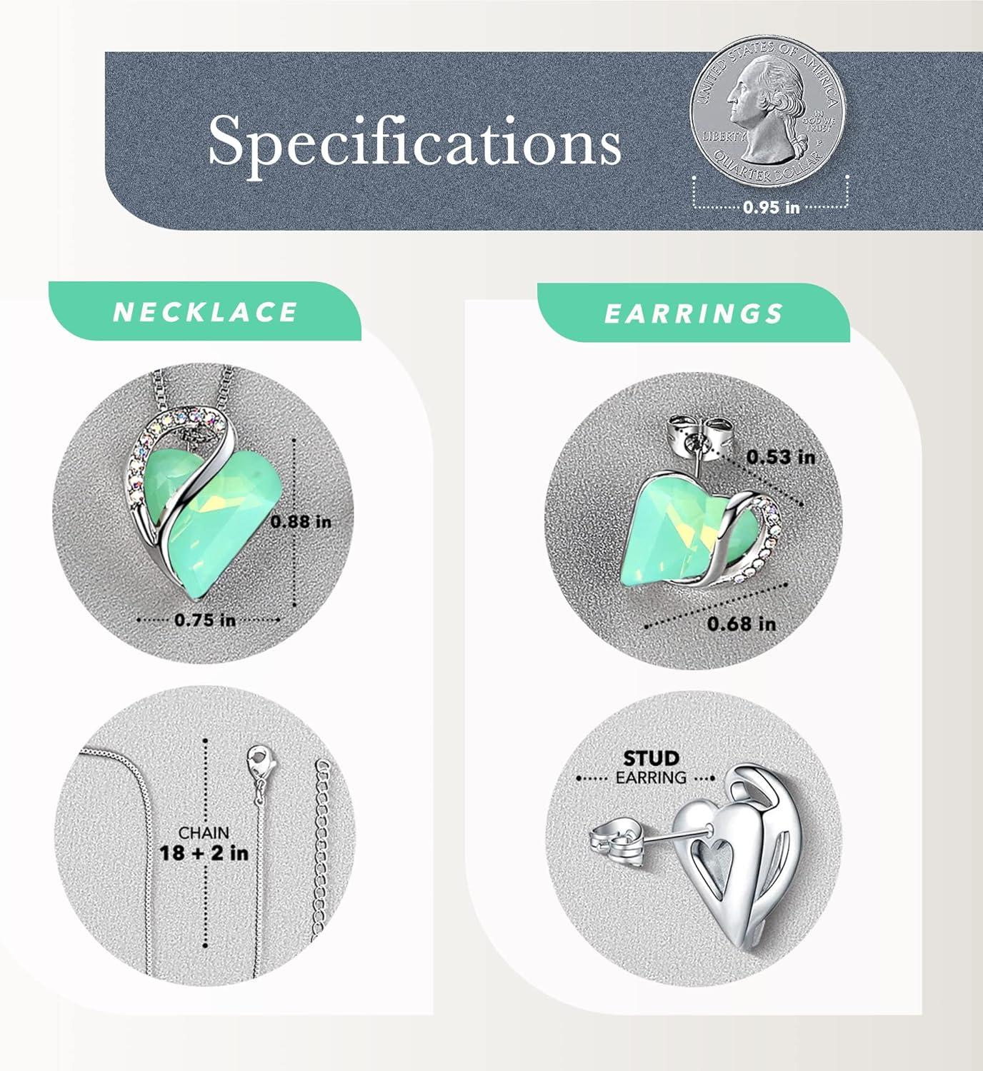 imageLeafael Infinity Love Heart Necklace and Stud Earrings for Women Healing Stone for Luck Crystal Jewelry Silver Tone Bundle Gifts for Women Opal Green