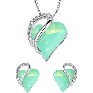 Leafael Infinity Love Heart Necklace and Stud Earrings for Women, Healing Stone for Luck Crystal Jewelry, Silver Tone Bundle Gifts for Women, Opal Green