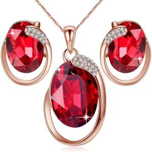 Leafael [Presented by Miss New York] Hidden Dragon Crystal Oval Double Circle Shape Teardrop Jewelry Set Earrings Pendant Necklace, 18″ + 2″, Nickel/Lead/Allergy Free, Luxury Gift Box(Red Crystal/Rose Gold Plated Chain)