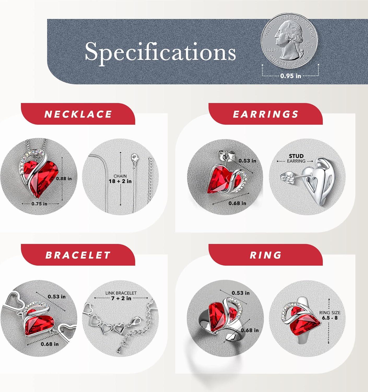 imageLeafael Infinity Love Heart Necklace Stud Earrings Bracelet and Ring Set July Birthstone Crystal Jewelry Silver Tone Gifts for Women Siam Ruby Red