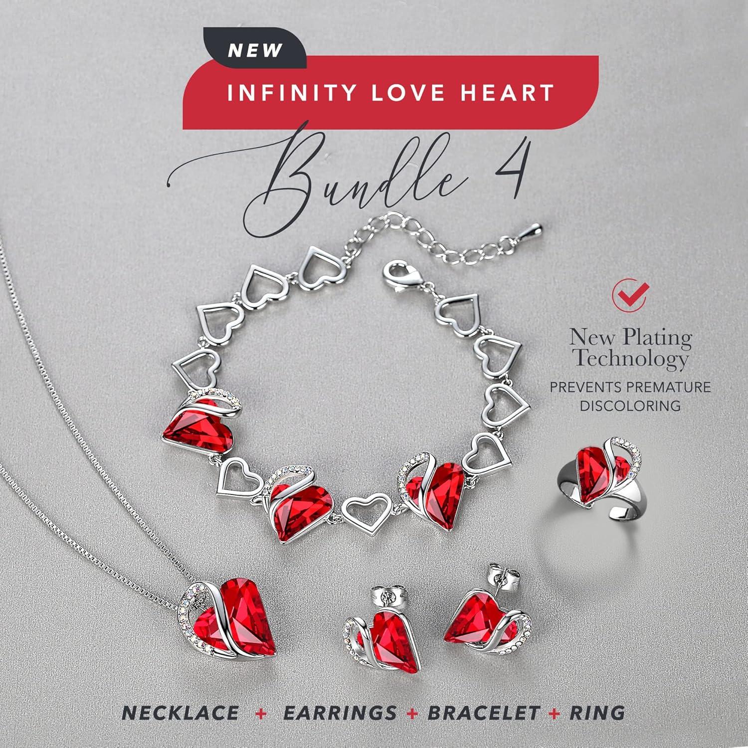 imageLeafael Infinity Love Heart Necklace Stud Earrings Bracelet and Ring Set July Birthstone Crystal Jewelry Silver Tone Gifts for Women Siam Ruby Red