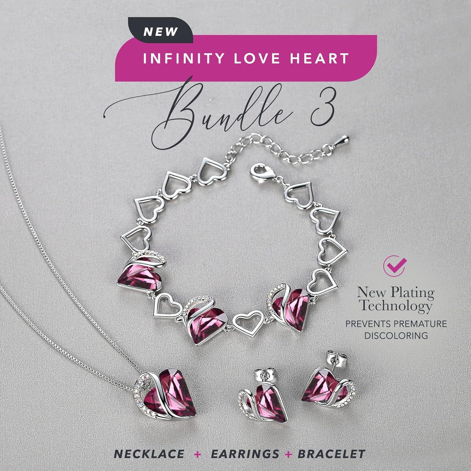 imageLeafael Infinity Love Heart Necklace Stud Earrings and Bracelet for Women February Birthstone Crystal Jewelry Silver Tone Gifts for Women Amethyst Pink