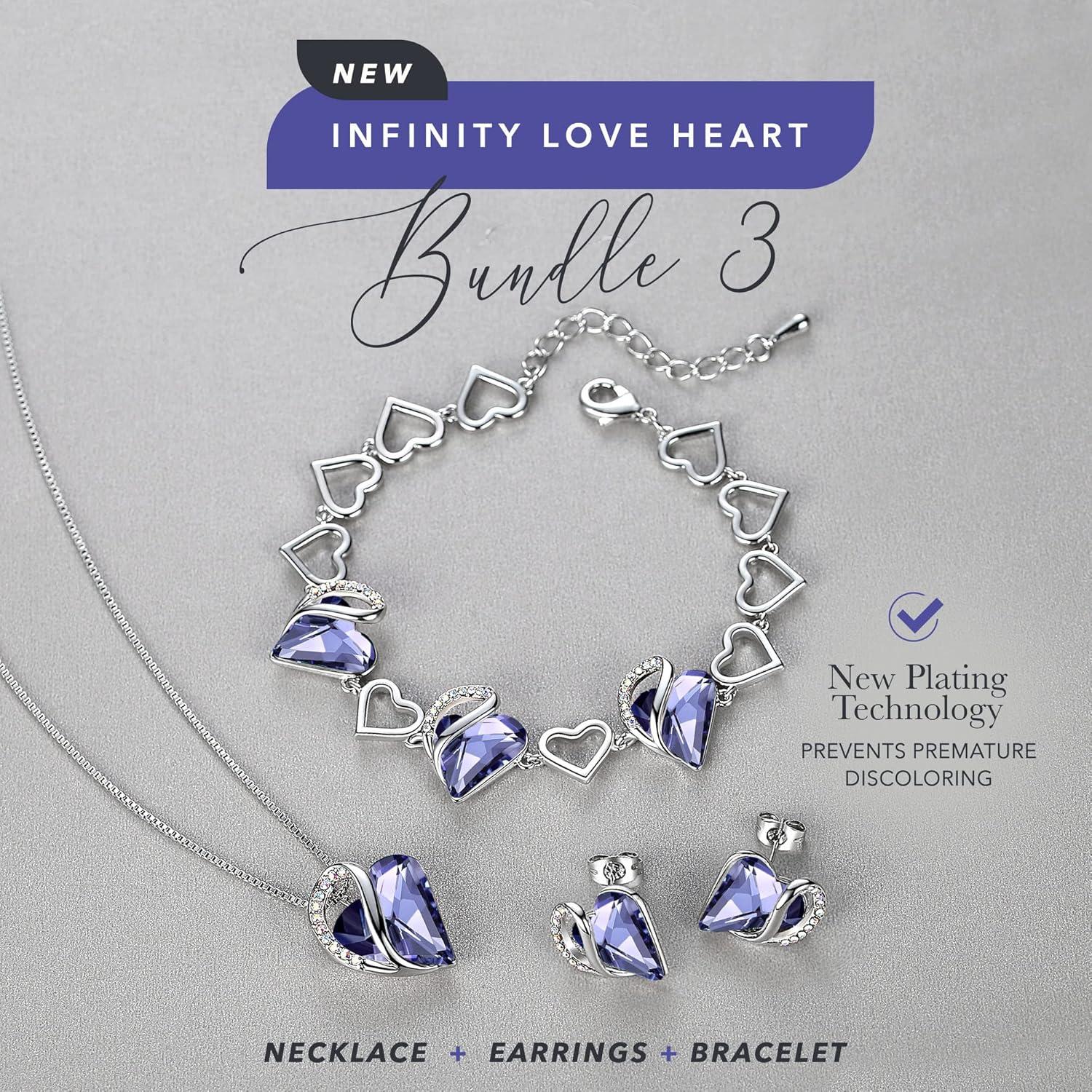 imageLeafael Infinity Love Heart Necklace Stud Earrings and Bracelet for Women February Birthstone Crystal Jewelry Silver Tone Gifts for Women Tanzanite Purple