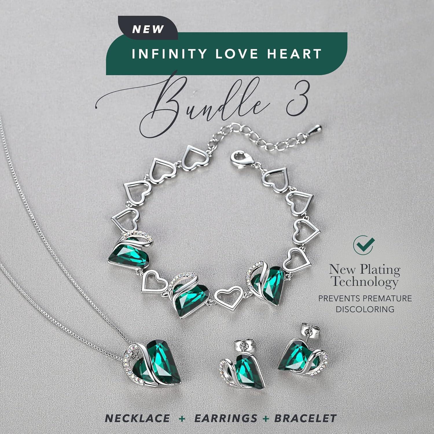 imageLeafael Infinity Love Heart Necklace Stud Earrings and Bracelet for Women May Birthstone Crystal Jewelry Silver Tone Gifts for Women Emerald Green