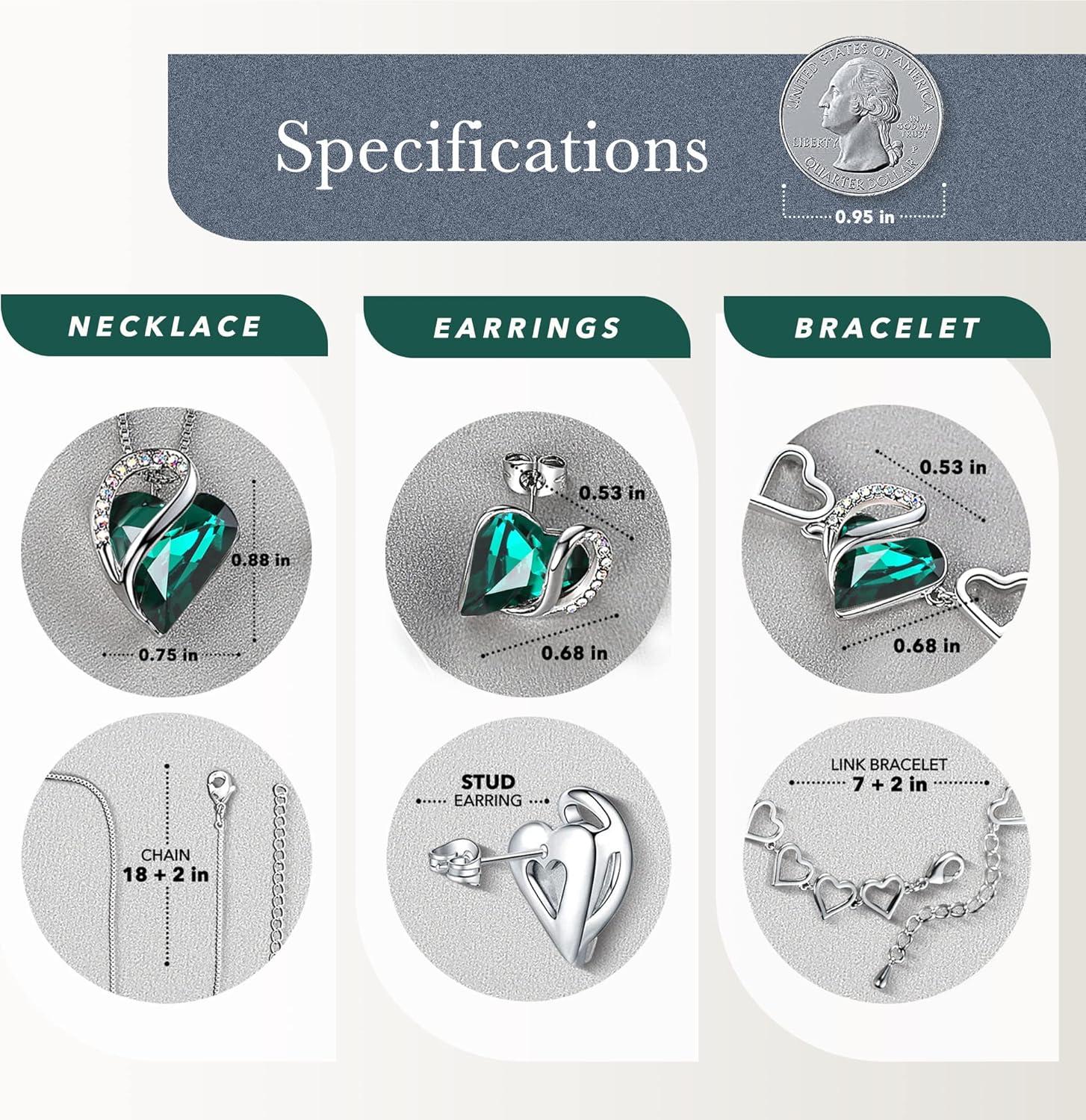 imageLeafael Infinity Love Heart Necklace Stud Earrings and Bracelet for Women May Birthstone Crystal Jewelry Silver Tone Gifts for Women Emerald Green