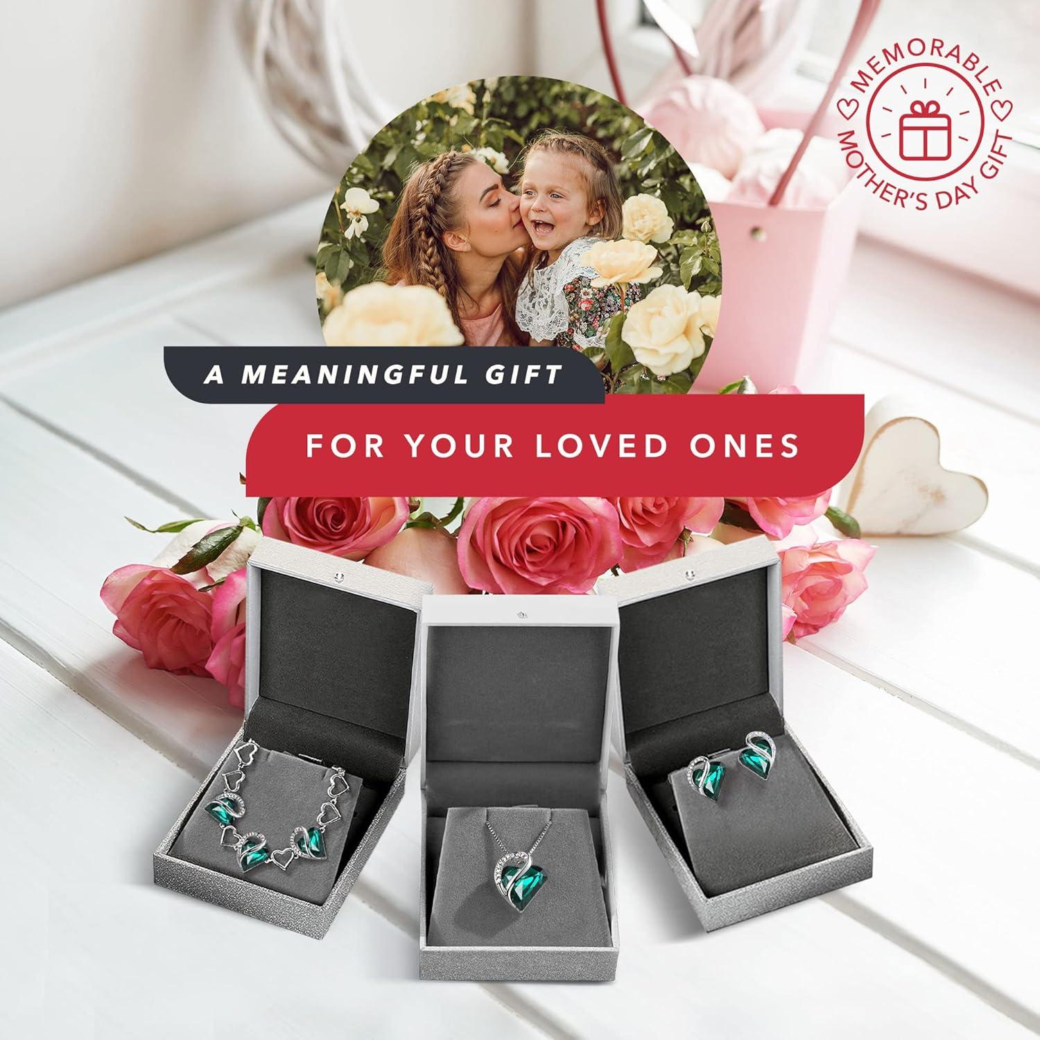 imageLeafael Infinity Love Heart Necklace Stud Earrings and Bracelet for Women May Birthstone Crystal Jewelry Silver Tone Gifts for Women Emerald Green