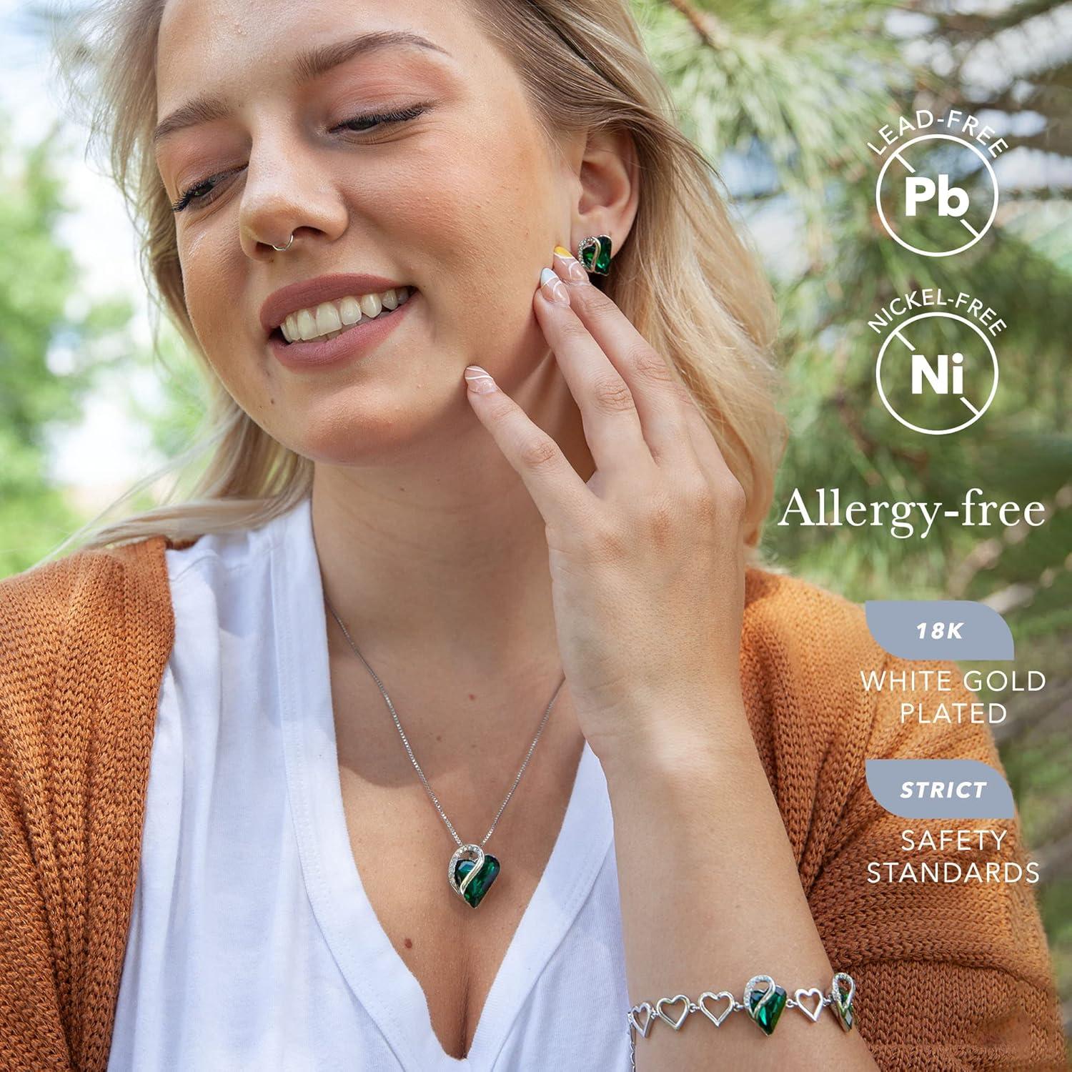 imageLeafael Infinity Love Heart Necklace Stud Earrings and Bracelet for Women May Birthstone Crystal Jewelry Silver Tone Gifts for Women Emerald Green