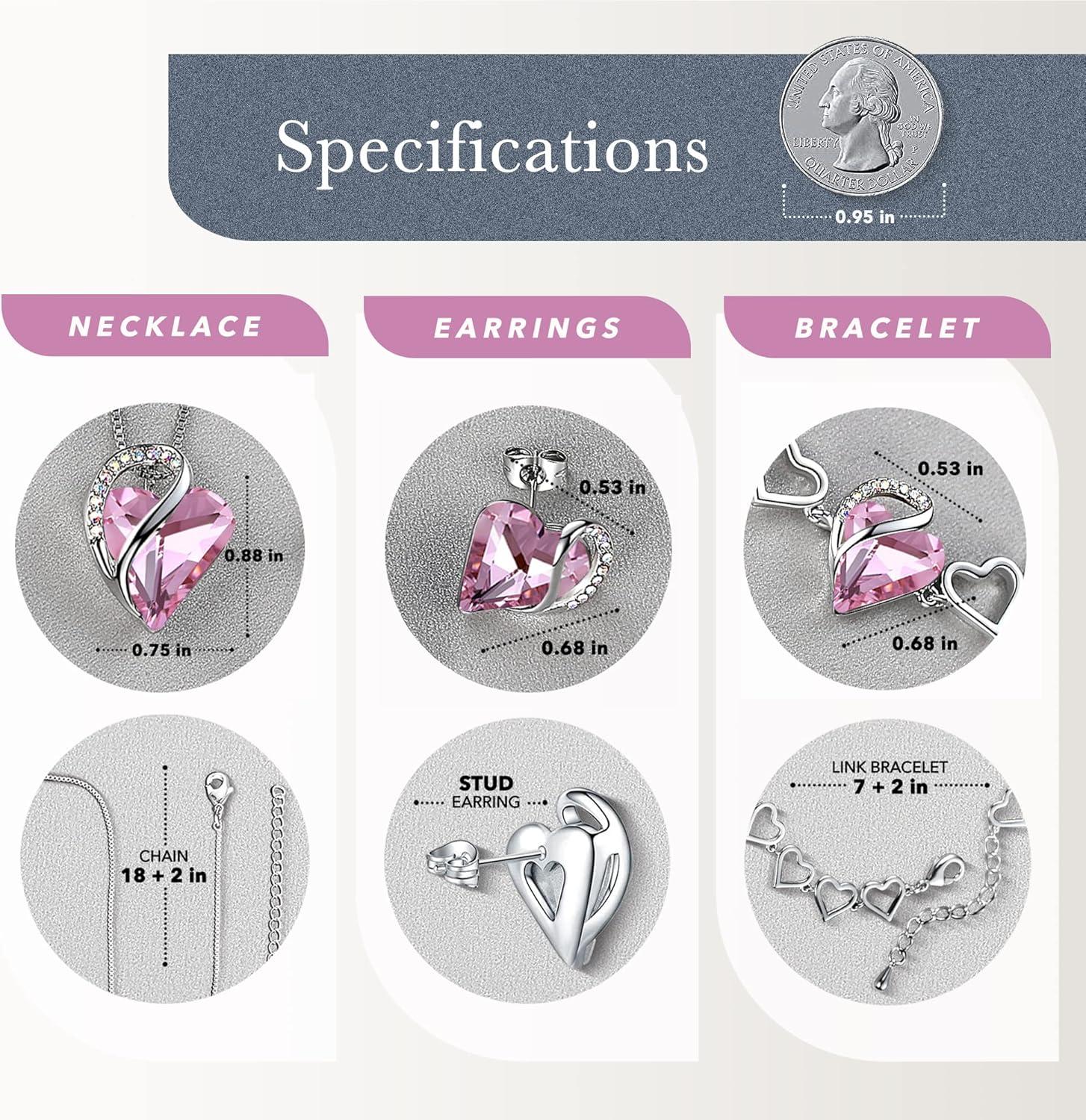 imageLeafael Infinity Love Heart Necklace Stud Earrings and Bracelet for Women October Birthstone Crystal Jewelry Silver Tone Gifts for Women Rose Quartz Pink