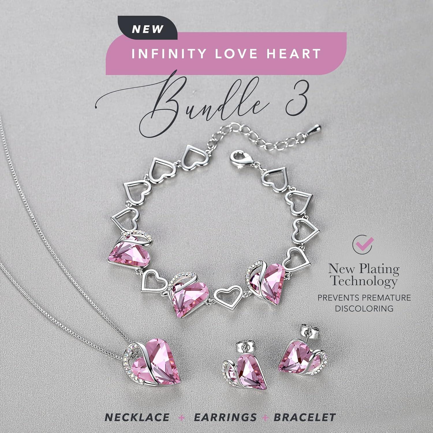 imageLeafael Infinity Love Heart Necklace Stud Earrings and Bracelet for Women October Birthstone Crystal Jewelry Silver Tone Gifts for Women Rose Quartz Pink