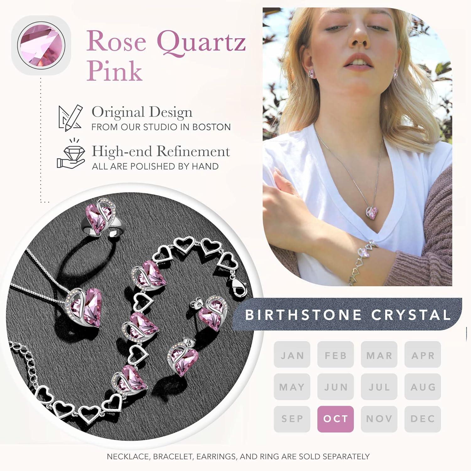 imageLeafael Infinity Love Heart Necklace Stud Earrings and Bracelet for Women October Birthstone Crystal Jewelry Silver Tone Gifts for Women Rose Quartz Pink