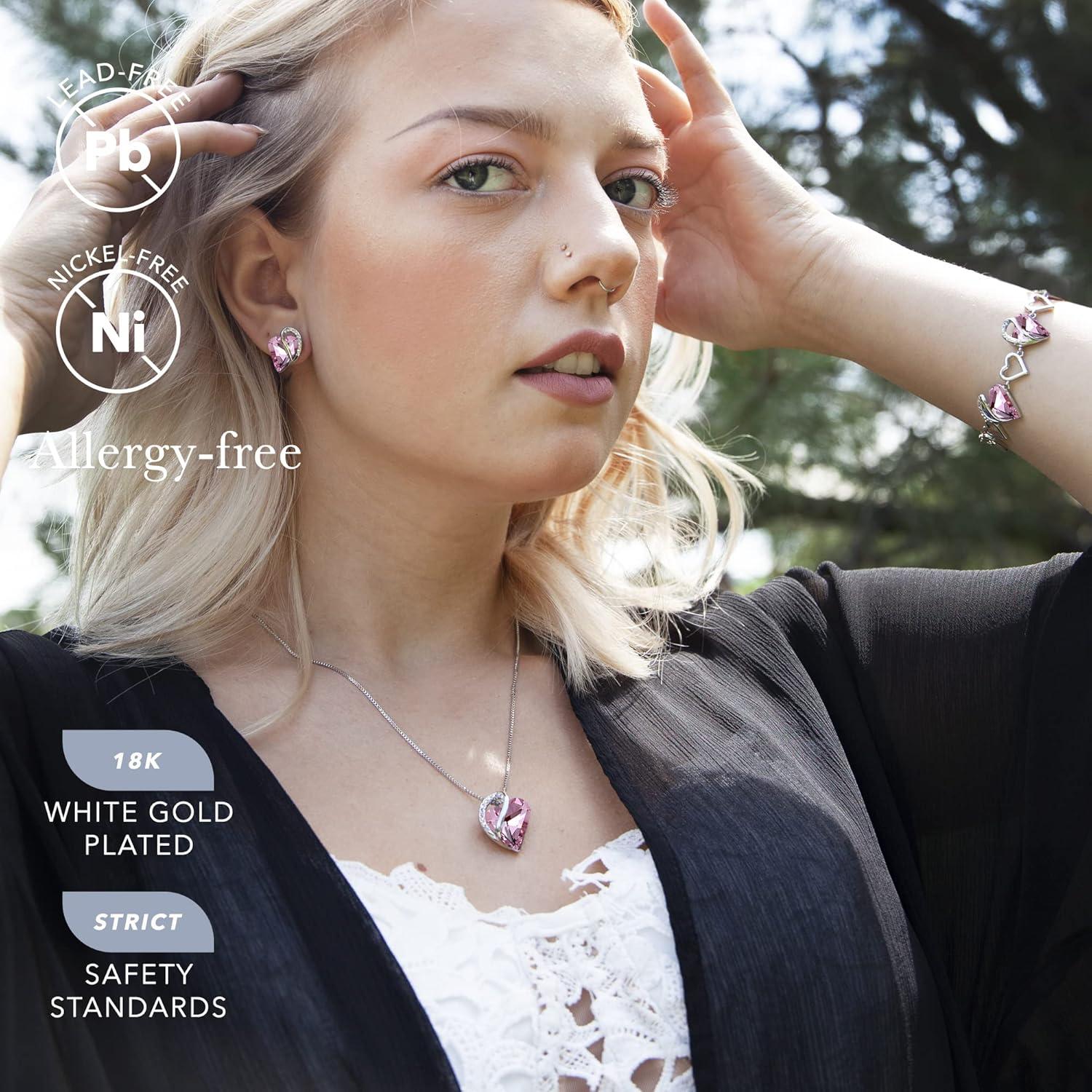 imageLeafael Infinity Love Heart Necklace Stud Earrings and Bracelet for Women October Birthstone Crystal Jewelry Silver Tone Gifts for Women Rose Quartz Pink