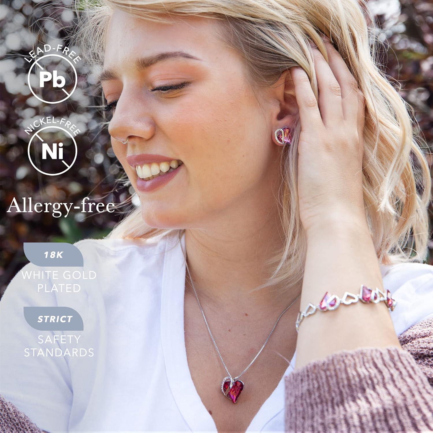 imageLeafael Infinity Love Heart Necklace Stud Earrings and Bracelet for Women October Birthstone Crystal Jewelry Silver Tone Gifts for Women Tourmaline Pink