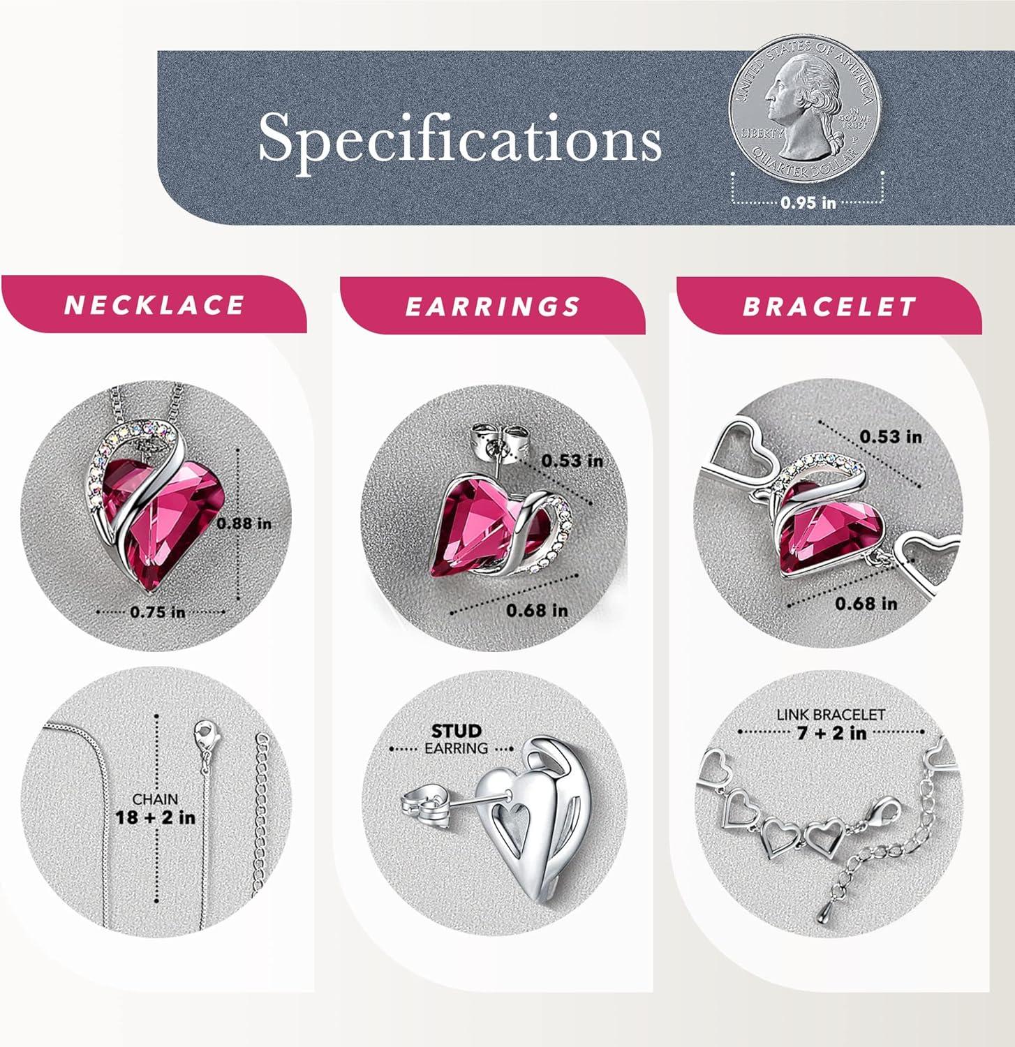 imageLeafael Infinity Love Heart Necklace Stud Earrings and Bracelet for Women October Birthstone Crystal Jewelry Silver Tone Gifts for Women Tourmaline Pink