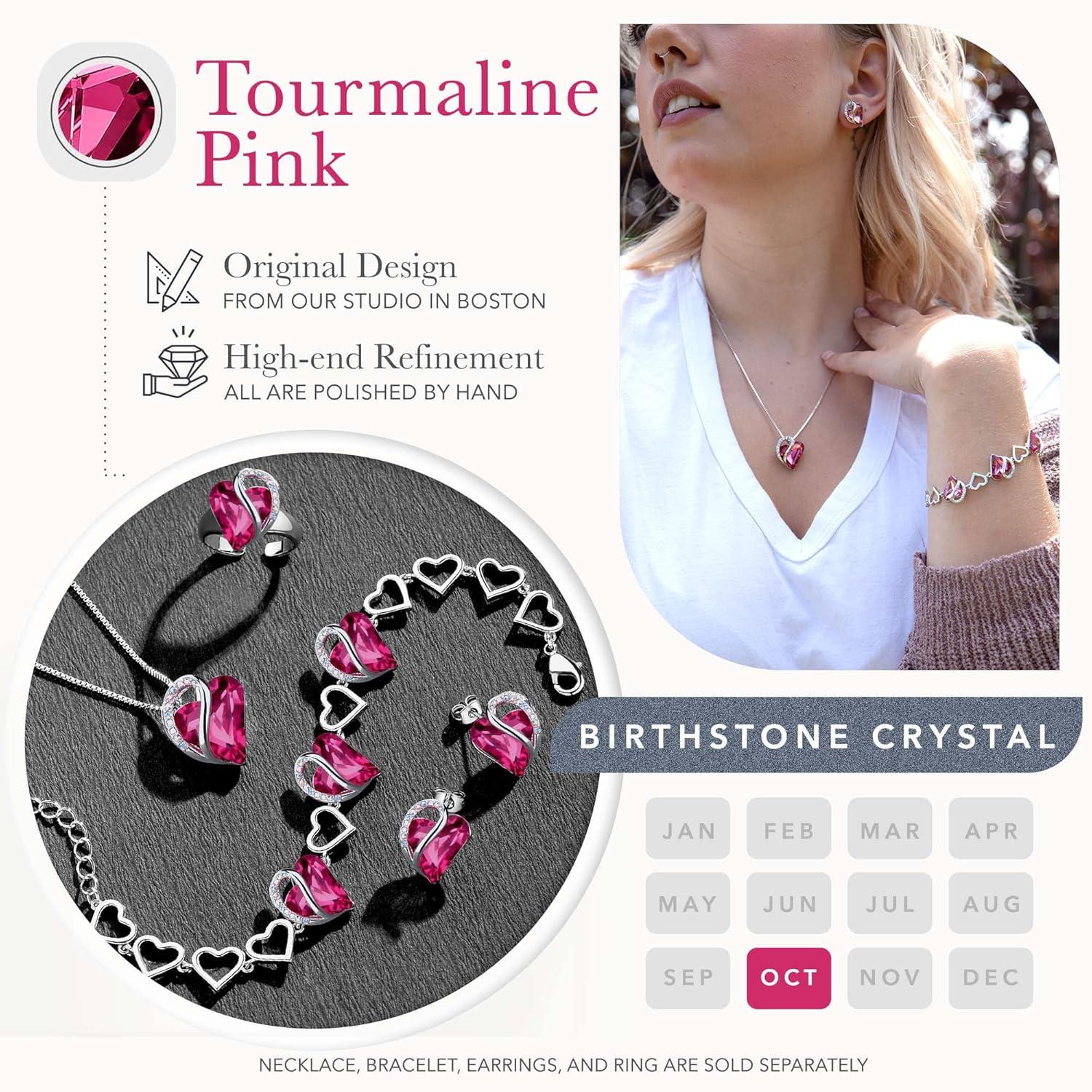 imageLeafael Infinity Love Heart Necklace Stud Earrings and Bracelet for Women October Birthstone Crystal Jewelry Silver Tone Gifts for Women Tourmaline Pink