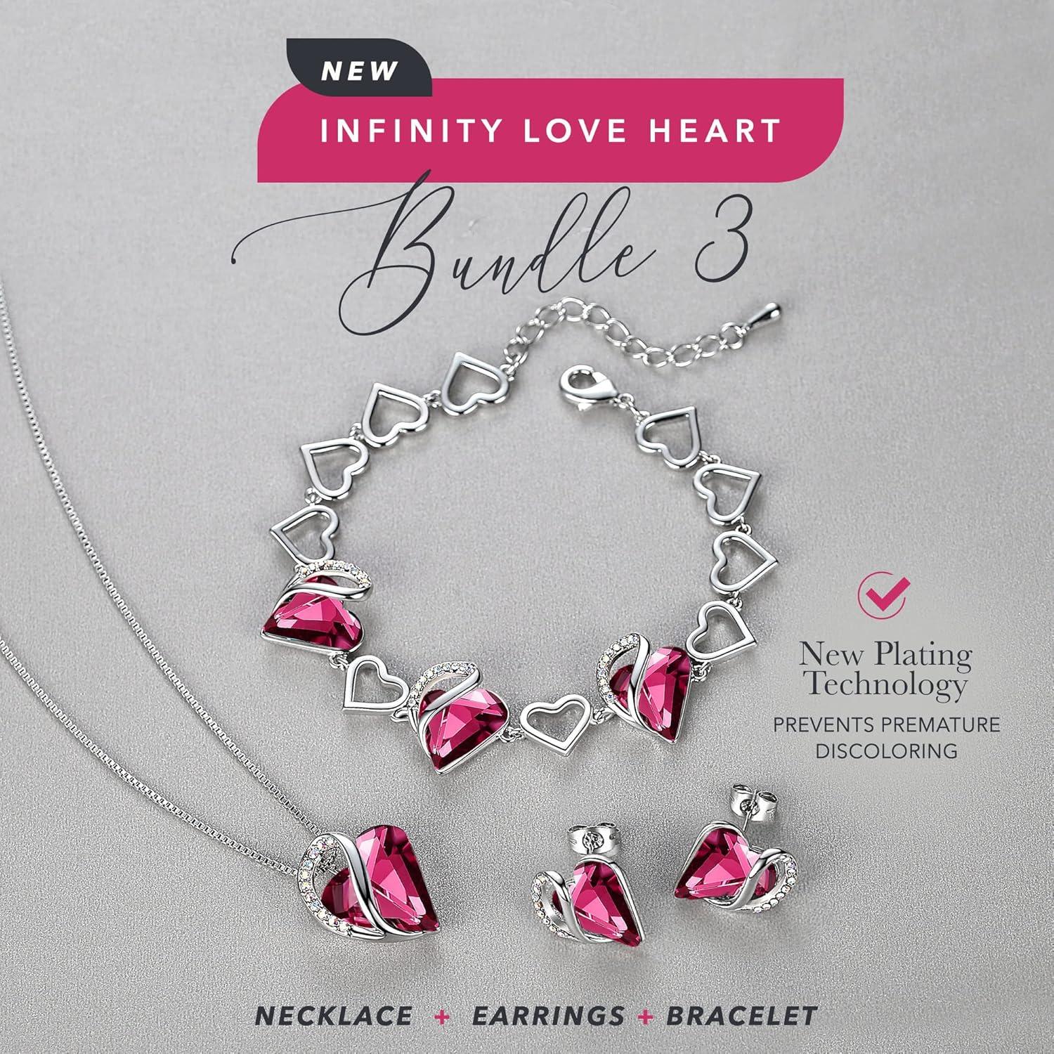 imageLeafael Infinity Love Heart Necklace Stud Earrings and Bracelet for Women October Birthstone Crystal Jewelry Silver Tone Gifts for Women Tourmaline Pink