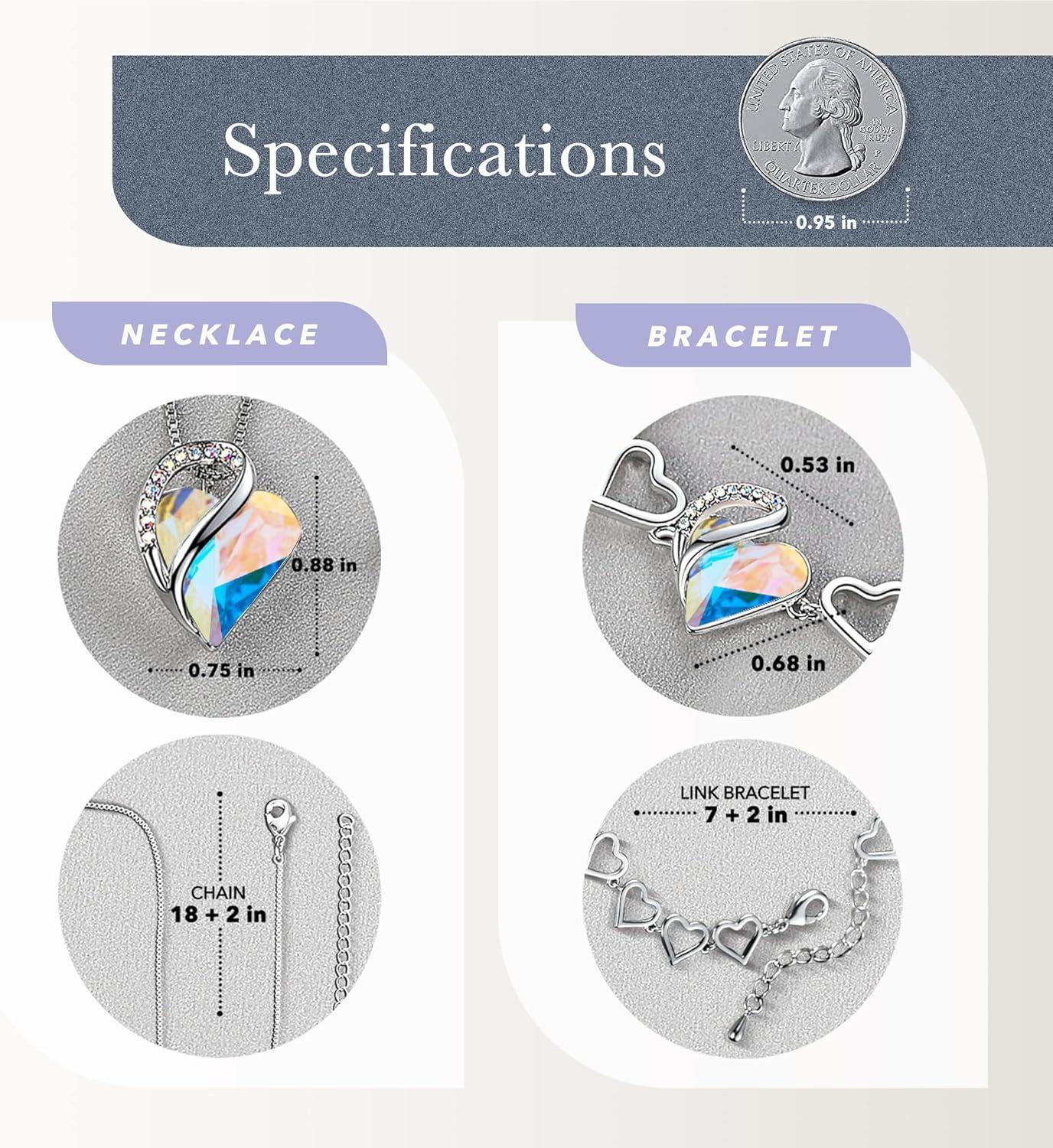 imageLeafael Infinity Love Heart Necklace and Bracelet for Women April Birthstone Crystal Jewelry Silver Tone Bundle Gifts for Women Rainbow Opal White