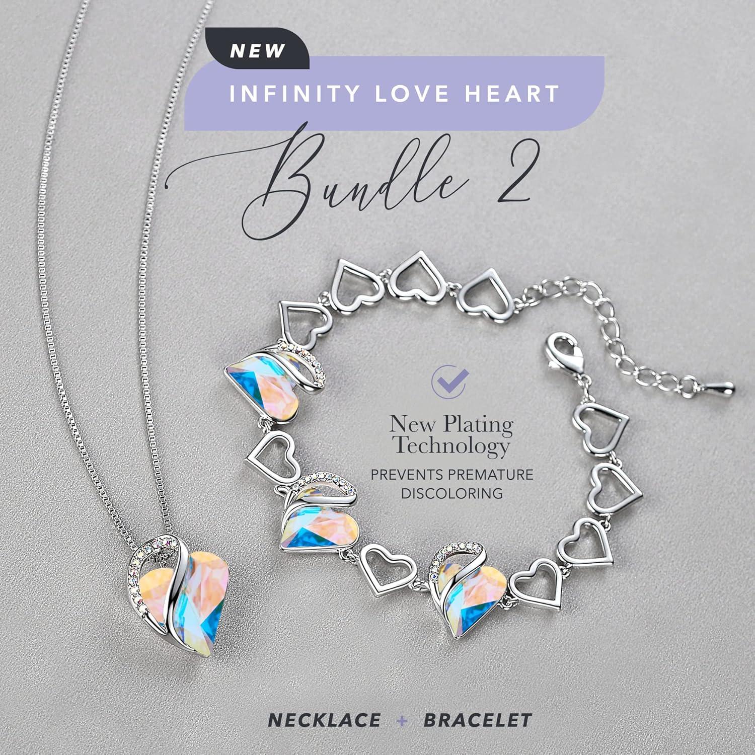 imageLeafael Infinity Love Heart Necklace and Bracelet for Women April Birthstone Crystal Jewelry Silver Tone Bundle Gifts for Women Rainbow Opal White