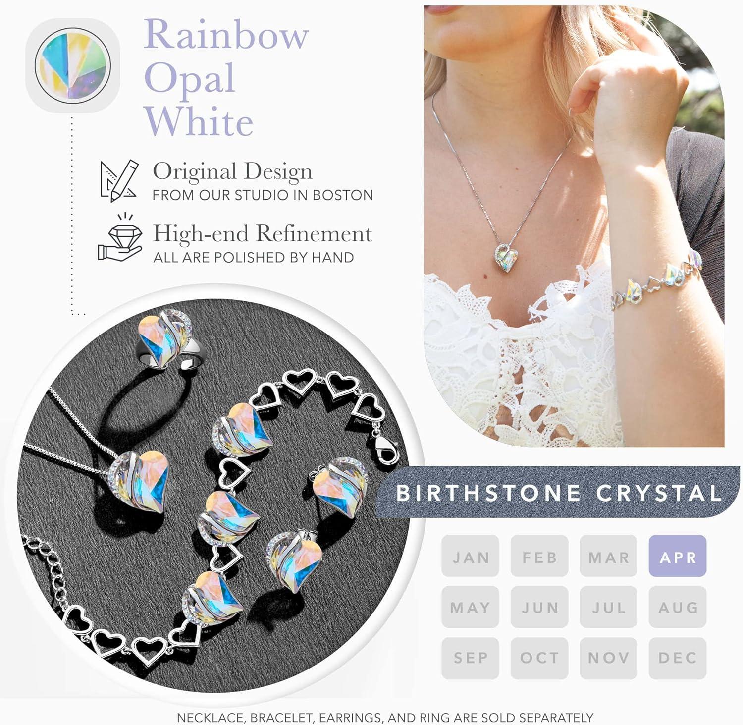 imageLeafael Infinity Love Heart Necklace and Bracelet for Women April Birthstone Crystal Jewelry Silver Tone Bundle Gifts for Women Rainbow Opal White