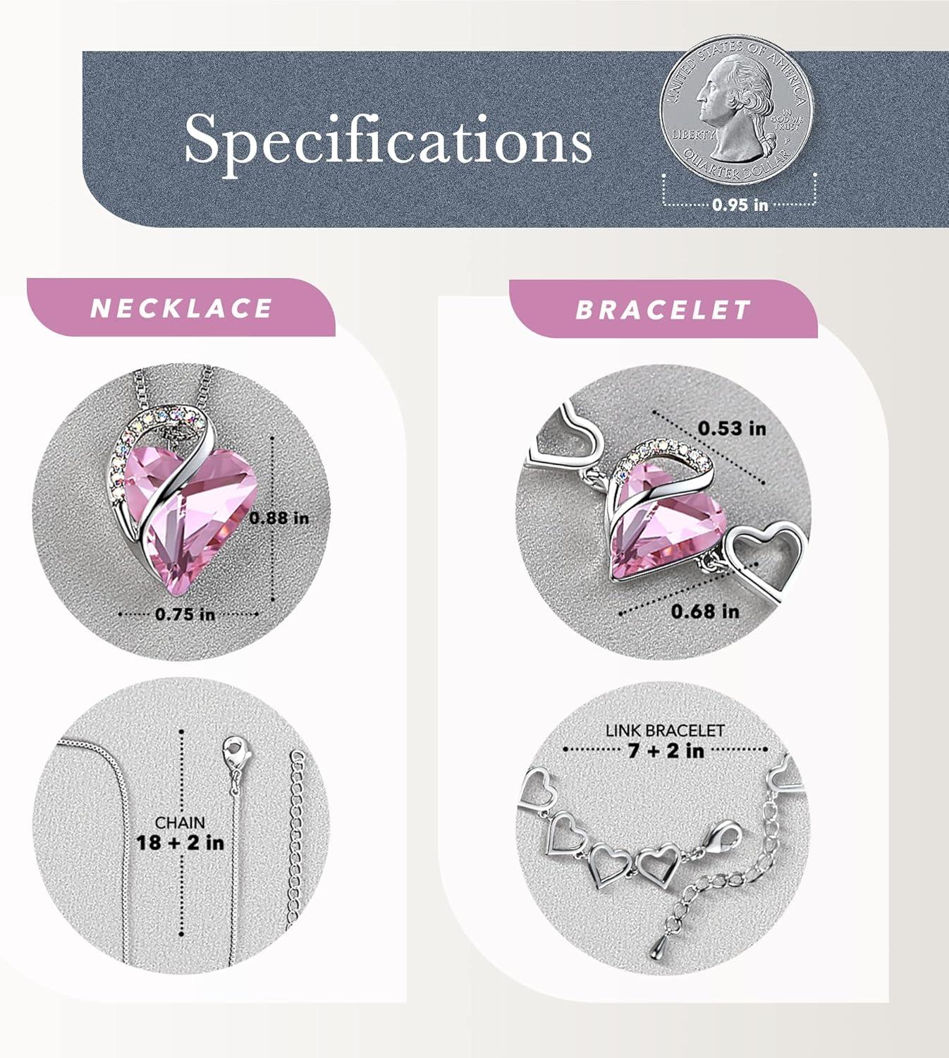 imageLeafael Infinity Love Heart Necklace and Bracelet for Women October Birthstone Crystal Jewelry Silver Tone Bundle Gifts for Women Rose Quartz Pink
