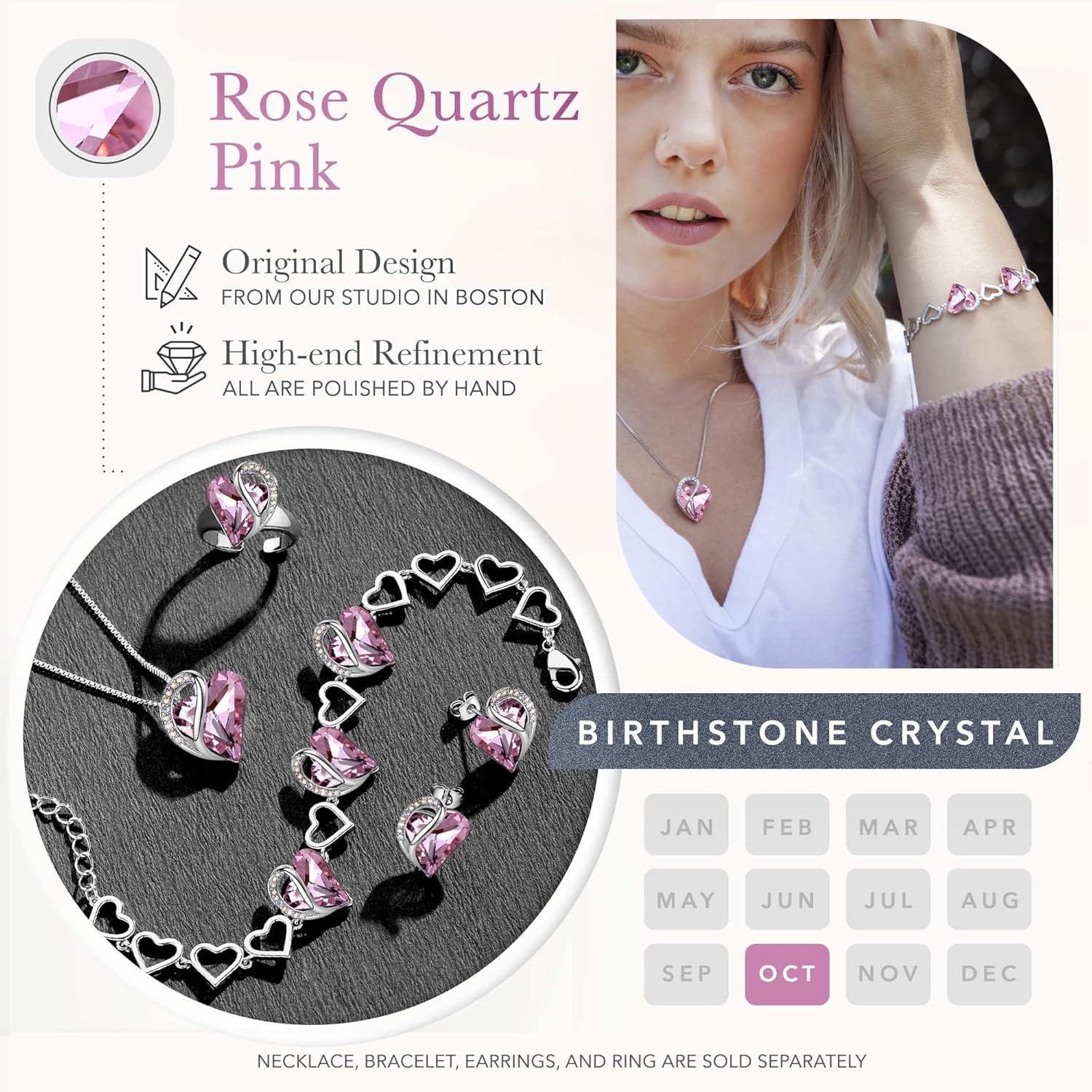 imageLeafael Infinity Love Heart Necklace and Bracelet for Women October Birthstone Crystal Jewelry Silver Tone Bundle Gifts for Women Rose Quartz Pink
