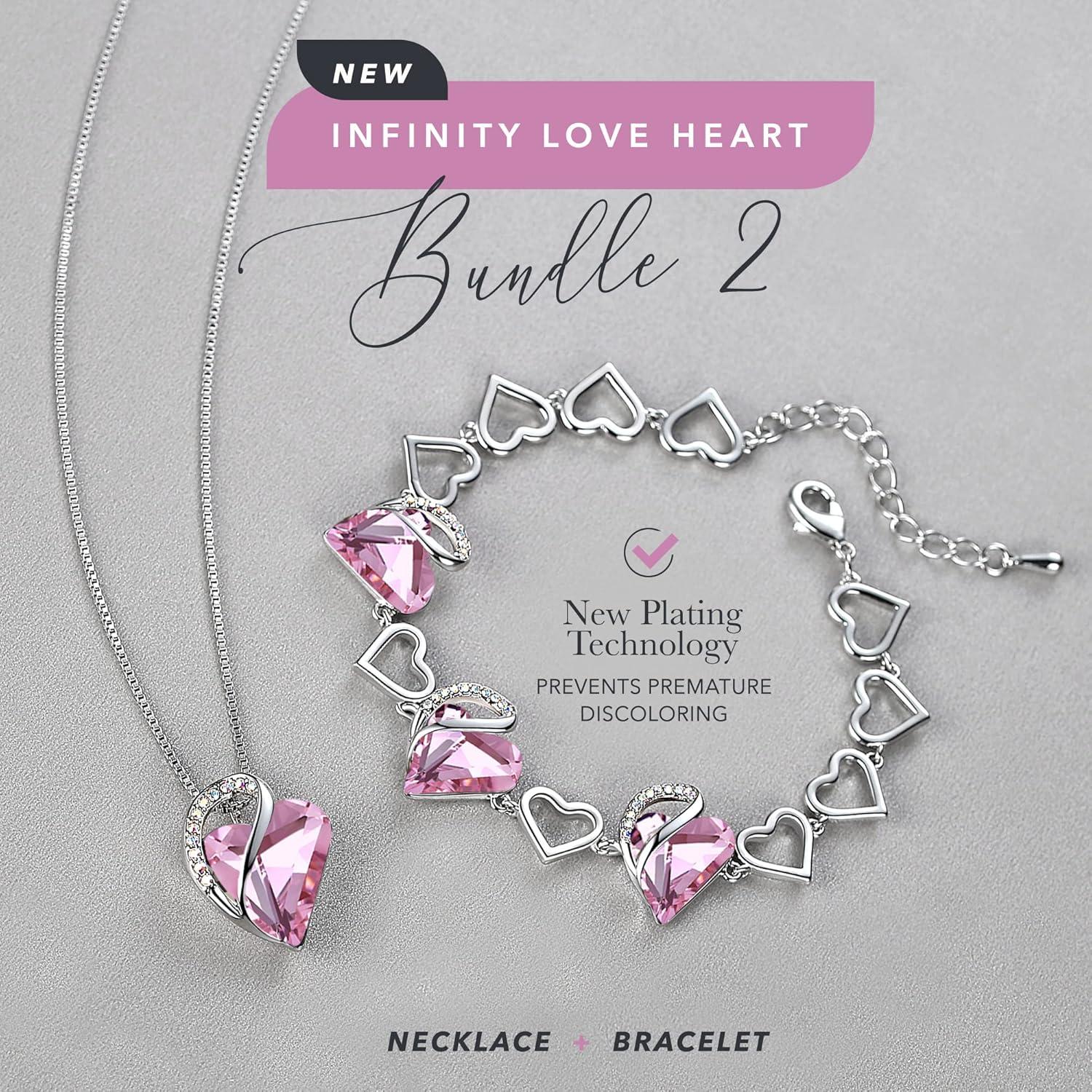 imageLeafael Infinity Love Heart Necklace and Bracelet for Women October Birthstone Crystal Jewelry Silver Tone Bundle Gifts for Women Rose Quartz Pink