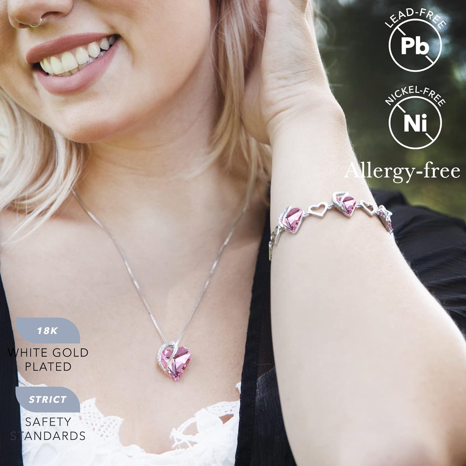 imageLeafael Infinity Love Heart Necklace and Bracelet for Women October Birthstone Crystal Jewelry Silver Tone Bundle Gifts for Women Rose Quartz Pink