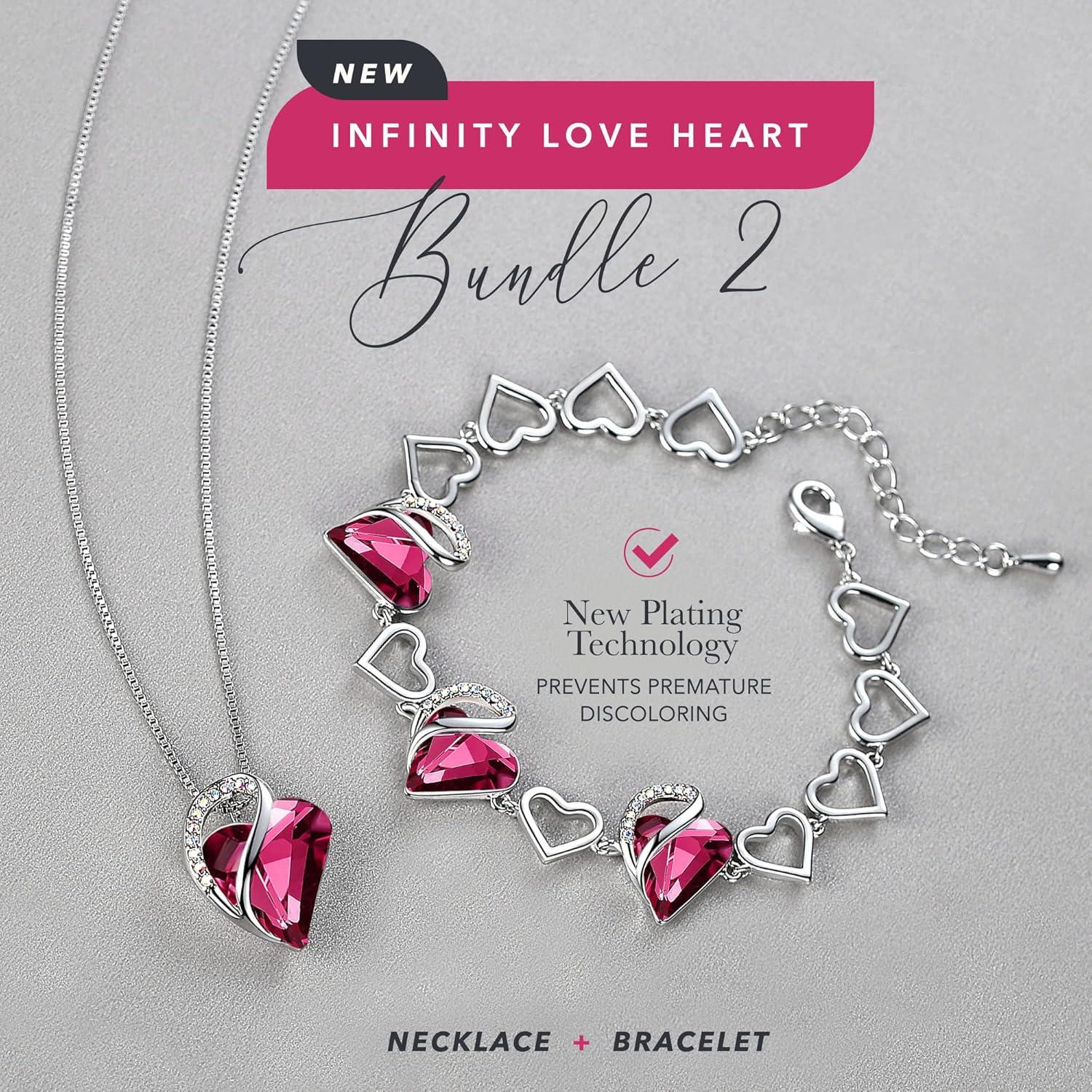 imageLeafael Infinity Love Heart Necklace and Bracelet for Women October Birthstone Crystal Jewelry Silver Tone Bundle Gifts for Women Tourmaline Pink