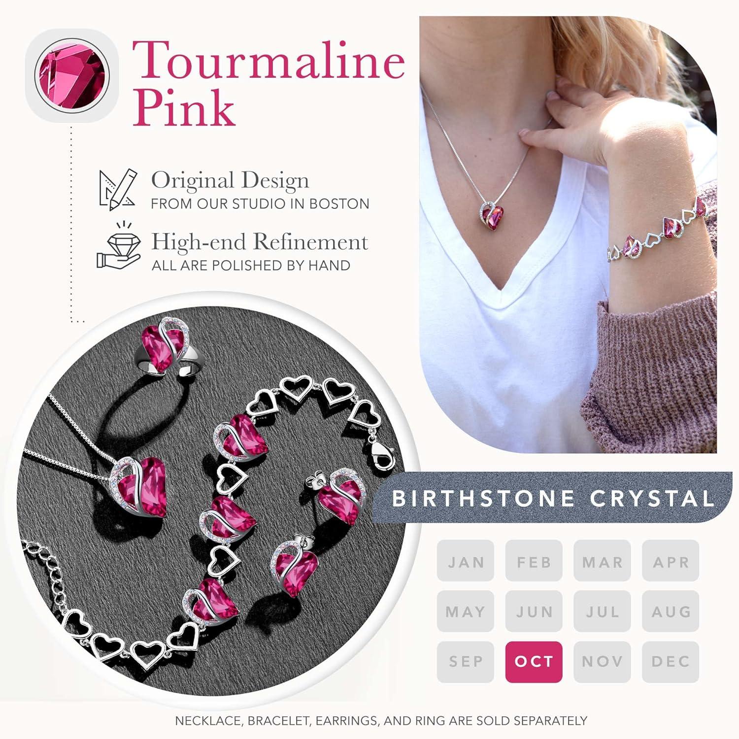 imageLeafael Infinity Love Heart Necklace and Bracelet for Women October Birthstone Crystal Jewelry Silver Tone Bundle Gifts for Women Tourmaline Pink
