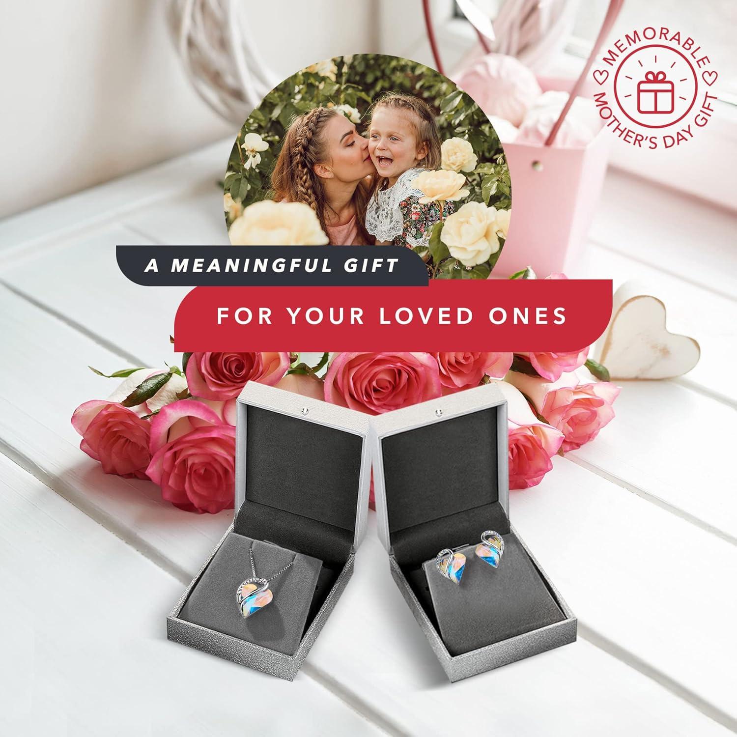 imageLeafael Infinity Love Heart Necklace and Stud Earrings for Women April Birthstone Crystal Jewelry Silver Tone Bundle Gifts for Women Rainbow Opal White