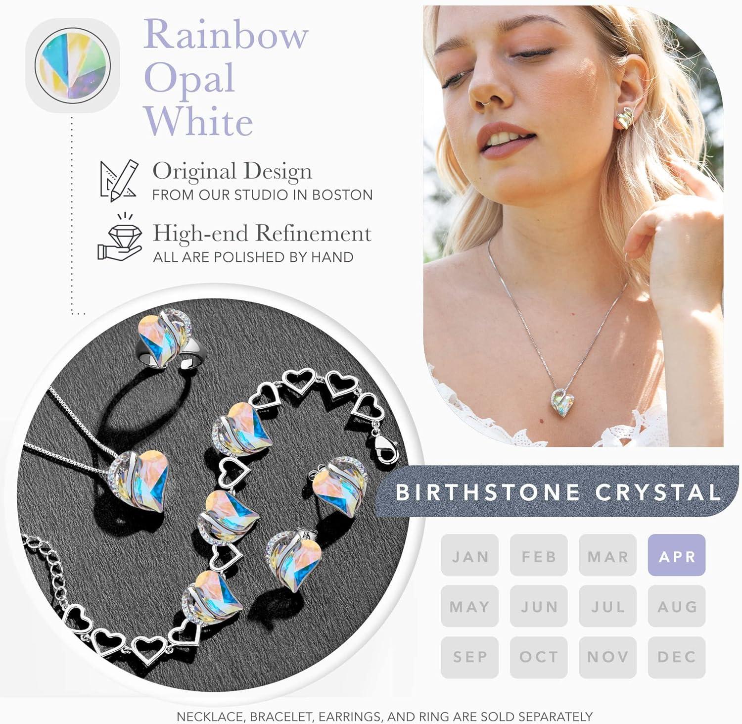imageLeafael Infinity Love Heart Necklace and Stud Earrings for Women April Birthstone Crystal Jewelry Silver Tone Bundle Gifts for Women Rainbow Opal White