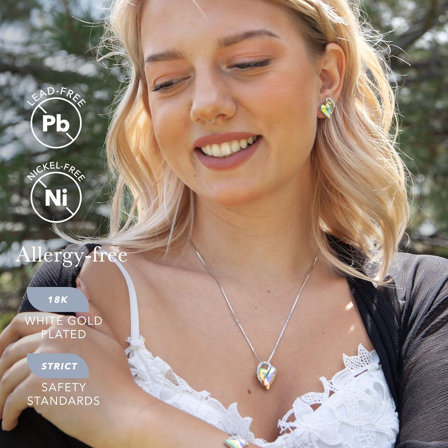 imageLeafael Infinity Love Heart Necklace and Stud Earrings for Women April Birthstone Crystal Jewelry Silver Tone Bundle Gifts for Women Rainbow Opal White