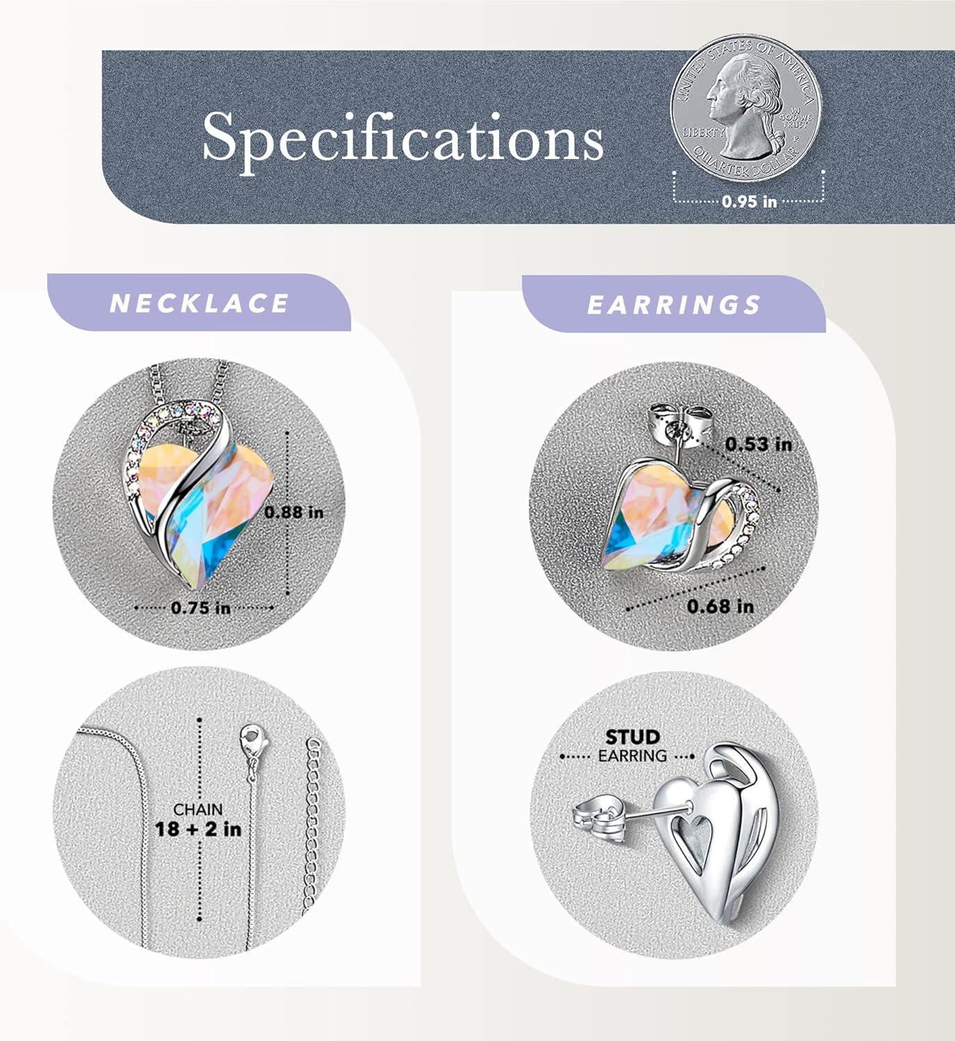 imageLeafael Infinity Love Heart Necklace and Stud Earrings for Women April Birthstone Crystal Jewelry Silver Tone Bundle Gifts for Women Rainbow Opal White