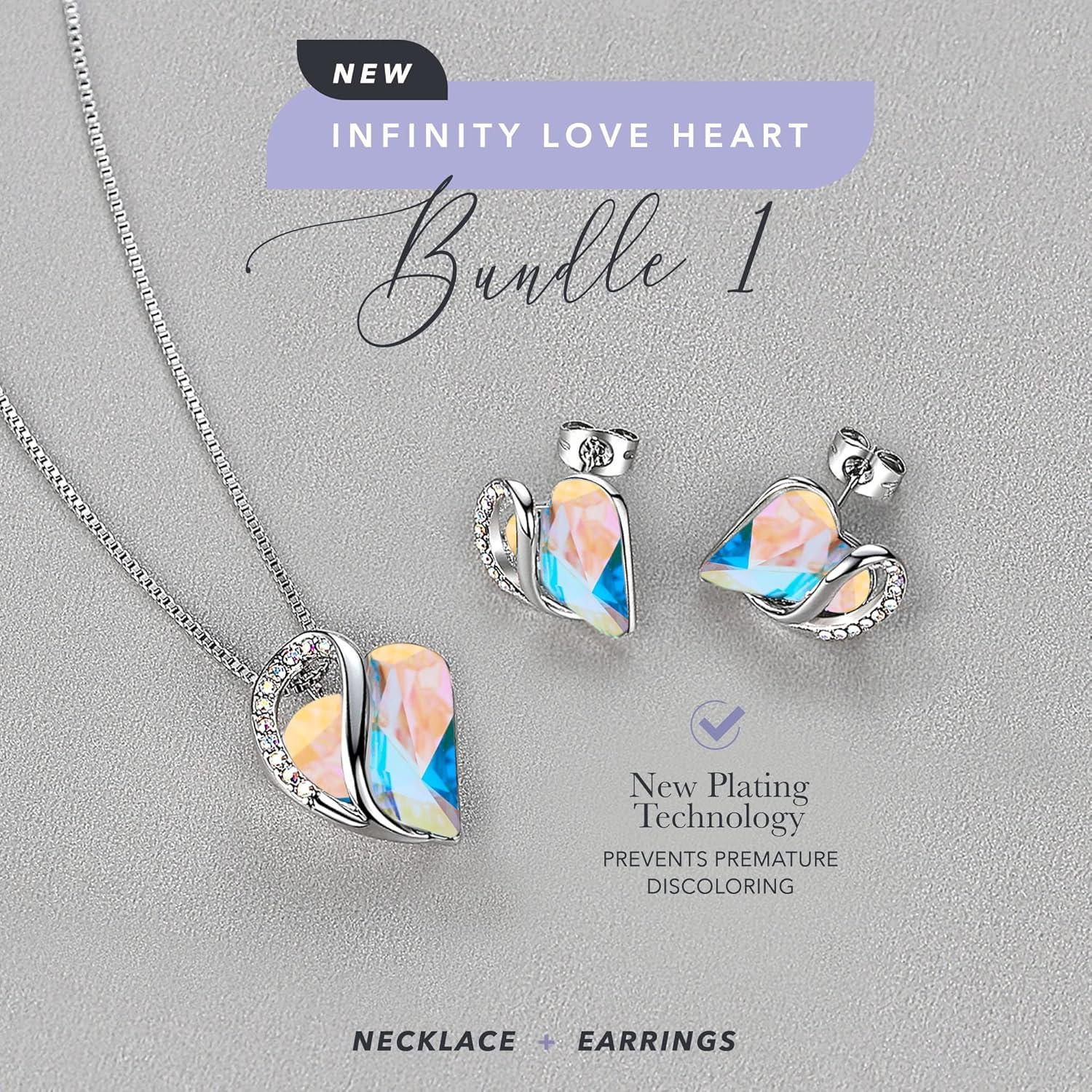 imageLeafael Infinity Love Heart Necklace and Stud Earrings for Women April Birthstone Crystal Jewelry Silver Tone Bundle Gifts for Women Rainbow Opal White