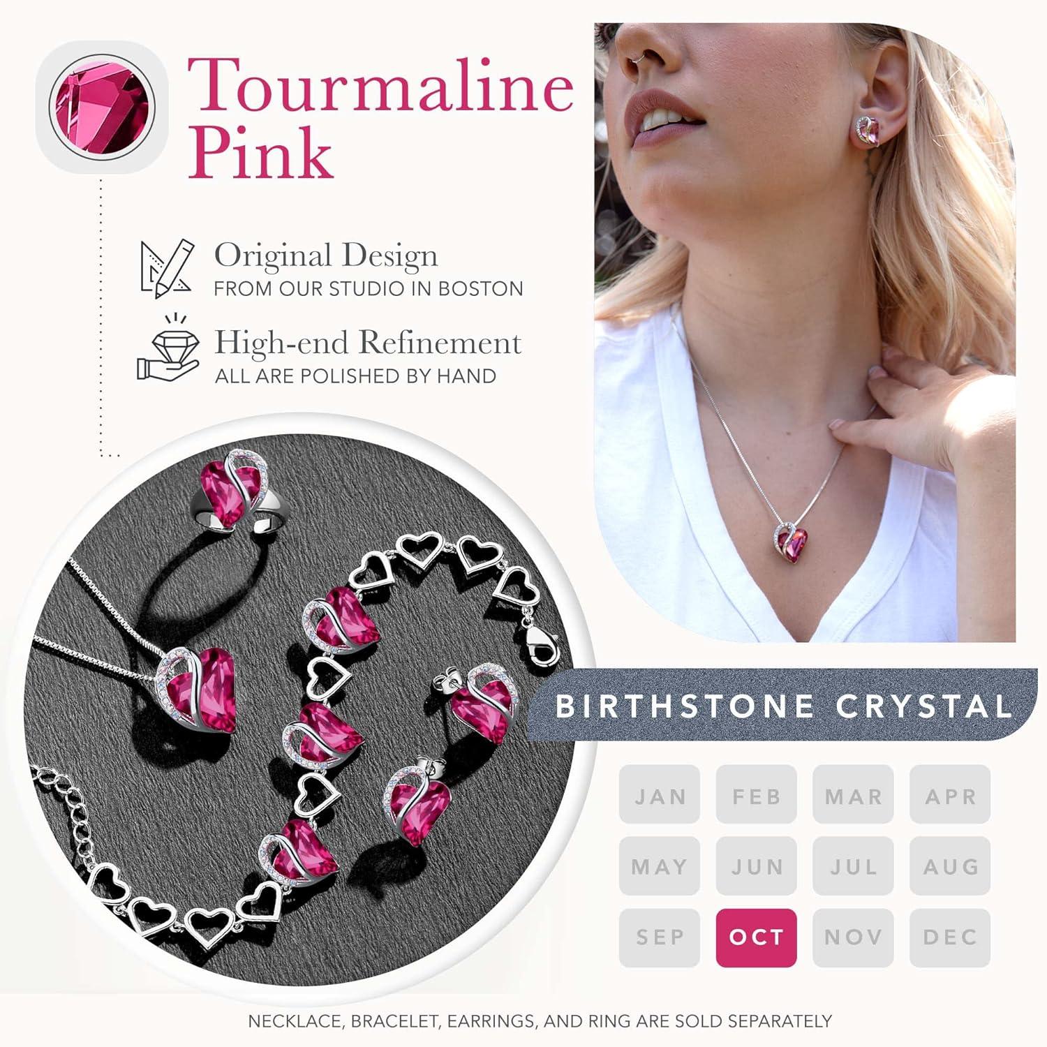 imageLeafael Infinity Love Heart Necklace and Stud Earrings for Women October Birthstone Crystal Jewelry Silver Tone Bundle Gifts for Women Tourmaline Pink